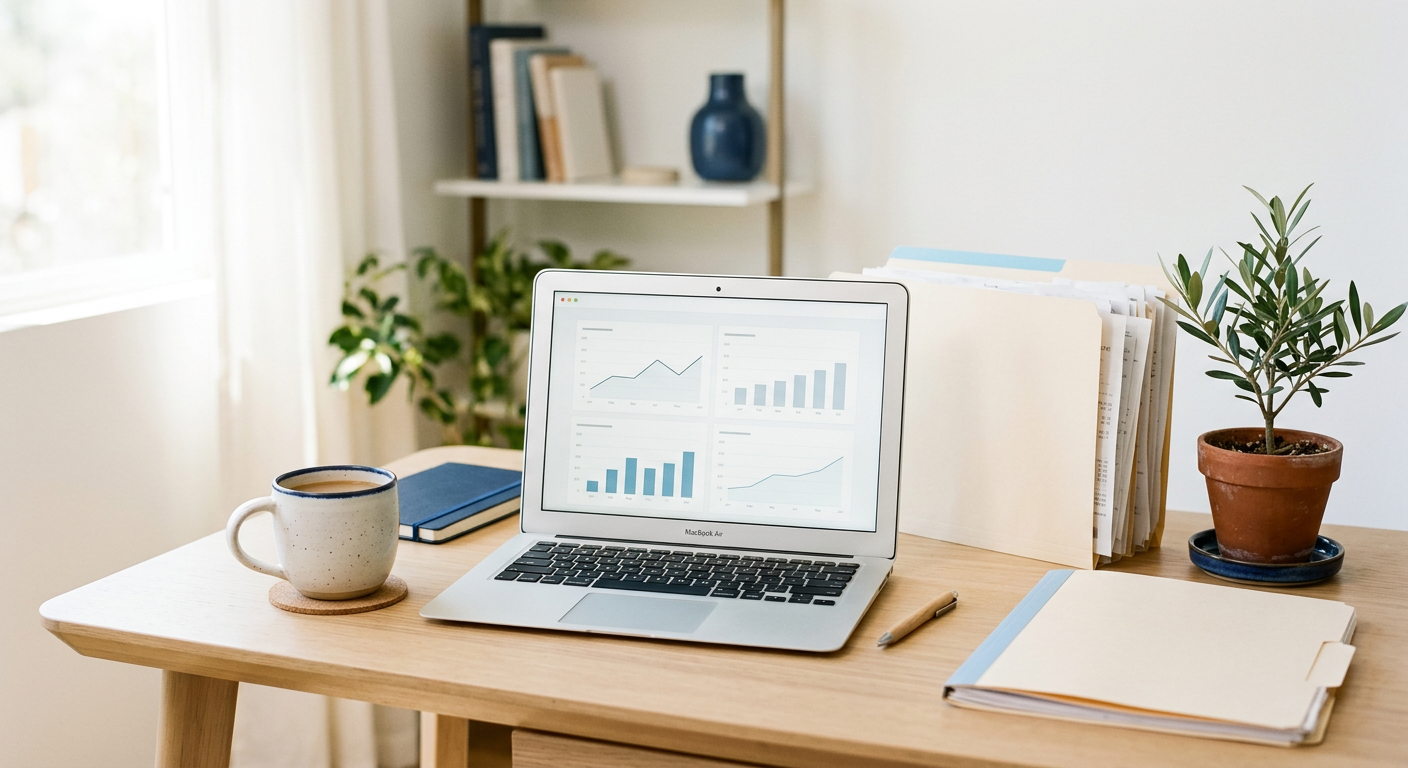 A tidy desk with a laptop showing financial charts and organized receipts
